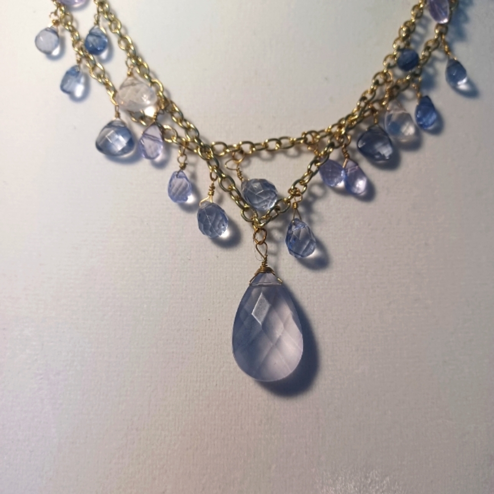Dana Kellin Goldtone Double Necklace with Faceted Lilac Dangling Beads 18" Chain